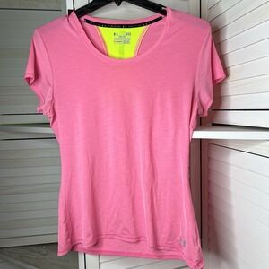 Under Armour Pink Top Sz L Heat‎ Gear Women SemiFitted Short Sleeve Tshirt *Flaw